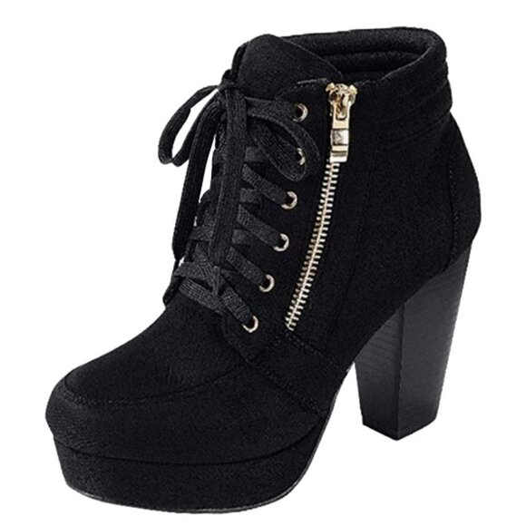 💜🤑FOREVER Women's Round Toe Lace Up Side Zip Platform Stacked Chunky Heel Boot - Picture 1 of 7